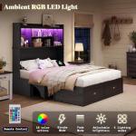 AMERLIFE Full Murphy Bed with Bookcase Headboard & LED Light, Farmhouse Cabinet Bed with Storage Drawer, Charging Station and Desk for Home Office/Guest Room/Small Spaces, Black