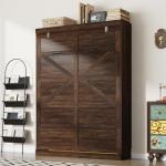 Hlivelood Queen Size Murphy Bed with 2 LED Lights, Farmhouse Wood Hidden Foldable Wall Bed Frame w/Gas Struts, Storage Bed Cabinet for Bedroom, Office, Space-Saving, No Box Spring Needed, Brown