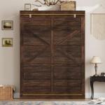 Hlivelood Queen Size Murphy Bed with 2 LED Lights, Farmhouse Wood Hidden Foldable Wall Bed Frame w/Gas Struts, Storage Bed Cabinet for Bedroom, Office, Space-Saving, No Box Spring Needed, Brown