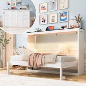 TEVUTEVU Twin Size Murphy Bed with LED Lights, Foldable Wall Bed Frame，Cabinet Hidden Bed for Small Spaces, Studio, Guest Room，Space-Saving (White, Twin)