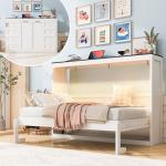 Twin Size Murphy Bed with LED Light, Foldable Wall Cabinet Bed, Hidden Design (White)
