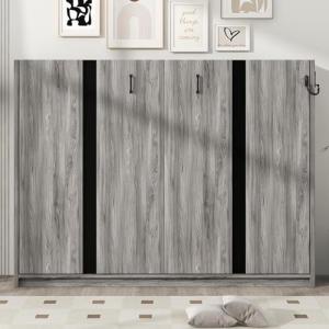 Full Horizontal Murphy Bed with Storage & LED Lighting,Wood Space-Saving Hideaway Folding Farmhouse Murphy Wall Bed Cabinet for Adults (Grey)