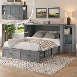 AMERLIFE Queen Size Murphy Bed with Bedside Tables, Foldable Cabinet with 3 Storage Drawers & Charging Station, Farmhouse Hideaway Bed for Bedroom/Office/Guest Room, Grey