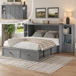 AMERLIFE Queen Size Murphy Bed with Bedside Tables, Foldable Cabinet with 3 Storage Drawers & Charging Station, Farmhouse Hideaway Bed for Bedroom/Office/Guest Room, Grey