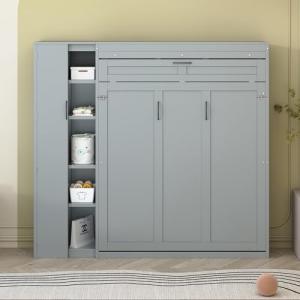 P PURLOVE Murphy Bed Queen, Wood Wall Bed with Shelves and LED Lights, No Box Spring Needed (Gray)