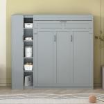 P PURLOVE Murphy Bed Queen, Wood Wall Bed with Shelves and LED Lights, No Box Spring Needed (Gray)