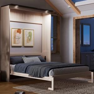 Modern Queen Size Murphy Bed Wall Bed with Light, Traditional Solid Wood Murphy Cabinet Bedframe, Can be Folded, Space-Saving Design