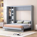 P PURLOVE Murphy Bed Queen, Wood Wall Bed with Shelves and LED Lights, No Box Spring Needed (Gray)