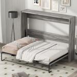 Full Horizontal Murphy Bed with Storage & LED Lighting,Wood Space-Saving Hideaway Folding Farmhouse Murphy Wall Bed Cabinet for Adults (Grey)