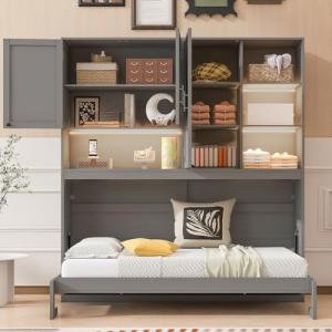 SOFTSEA Twin Horizontal Murphy Bed with Storage Shelves, Foldable Wall Bed with LED Light & Charging Stations, Space-Saving for Living Room, Guest Room, Bedroom, Office, Grey