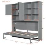 SOFTSEA Twin Horizontal Murphy Bed with Storage Shelves, Foldable Wall Bed with LED Light & Charging Stations, Space-Saving for Living Room, Guest Room, Bedroom, Office, Grey