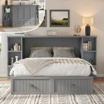 AMERLIFE Queen Size Murphy Bed with Bedside Tables, Foldable Cabinet with 3 Storage Drawers & Charging Station, Farmhouse Hideaway Bed for Bedroom/Office/Guest Room, Grey
