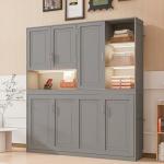 SOFTSEA Twin Horizontal Murphy Bed with Storage Shelves, Foldable Wall Bed with LED Light & Charging Stations, Space-Saving for Living Room, Guest Room, Bedroom, Office, Grey