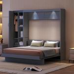 P PURLOVE Murphy Bed Queen, Wood Wall Bed with Shelves and LED Lights, No Box Spring Needed (Gray)
