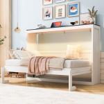 Twin Size Murphy Bed with LED Light, Foldable Wall Cabinet Bed, Hidden Design (White)