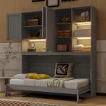 SOFTSEA Twin Horizontal Murphy Bed with Storage Shelves, Foldable Wall Bed with LED Light & Charging Stations, Space-Saving for Living Room, Guest Room, Bedroom, Office, Grey