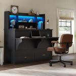 AMERLIFE Queen Murphy Bed with Bookcase Headboard & LED Light, Farmhouse Cabinet Bed with Storage Drawer, Charging Station and Desk for Home Office/Guest Room/Small Spaces, Black