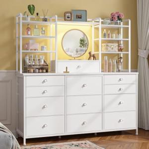 White 12-Drawer LED Dresser with Open Shelves