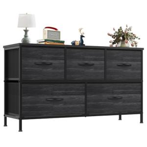 Black Wood 5-Drawer Fabric Storage Dresser