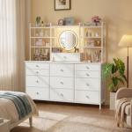 White 12-Drawer LED Dresser with Open Shelves