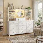 White 12-Drawer LED Dresser with Open Shelves