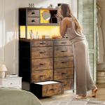 Rustic Brown Dresser with Charging Station and LED Lights