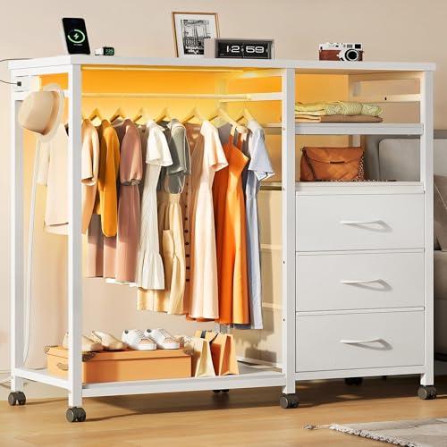 White Dresser with Rack, Drawers, LED & Charging