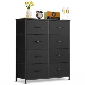 Stylish 8-Drawer Black Dresser with Fabric Bins