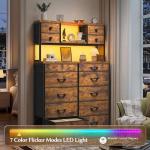 Rustic Brown Dresser with Charging Station and LED Lights