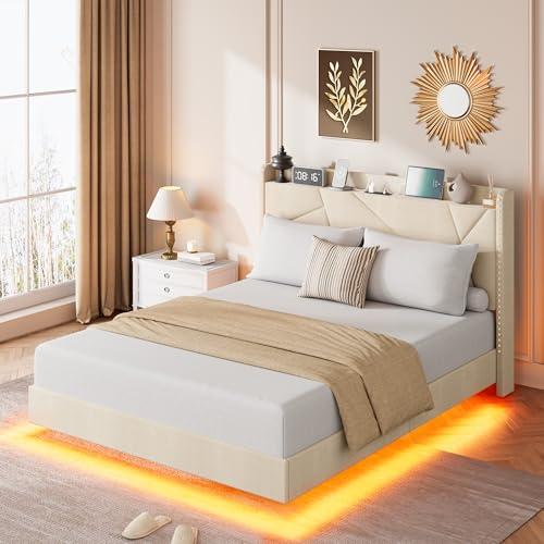 Full Floating Bed Frame with LED Lights & Storage