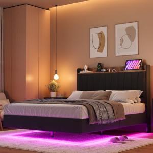 Floating Bed Frame with LED Lights and Storage