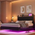 Floating Bed Frame with LED Lights and Storage
