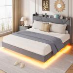 King Floating Bed Frame with LED Lights & Storage