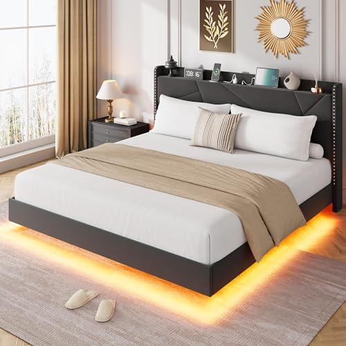 Full Floating Bed Frame with LED Lights & Storage