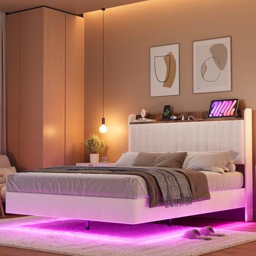 Queen Floating Bed Frame with LED Lights & Storage