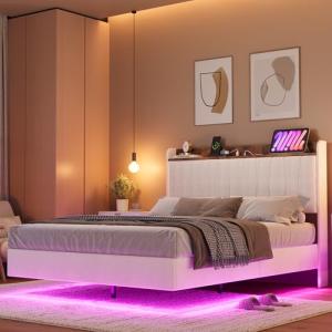 Queen Floating Bed Frame with LED Lights & Storage