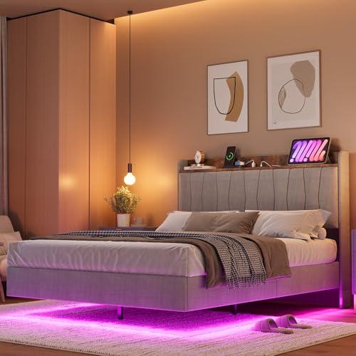 Floating Bed Frame with LED Lights and Storage
