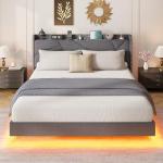 King Floating Bed Frame with LED Lights & Storage