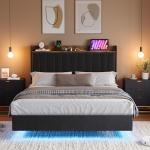 Floating Bed Frame with LED Lights and Storage