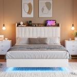Queen Floating Bed Frame with LED Lights & Storage