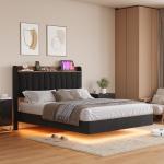 Floating Bed Frame with LED Lights and Storage