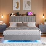 Floating Bed Frame with LED Lights and Storage