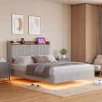 Floating Bed Frame with LED Lights and Storage