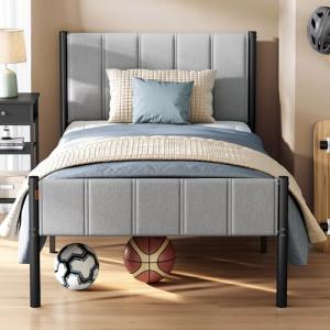 VASAGLE Twin Metal Bed Frame with Upholstered Headboard