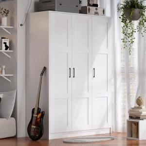 White 3-Door Wooden Wardrobe Closet with Shelves