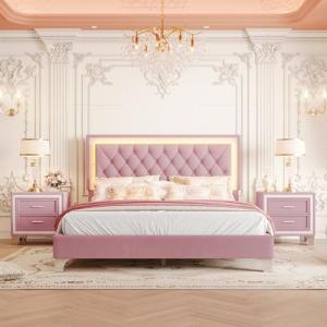 Modern Pink Queen Bedroom Set with LED Lights