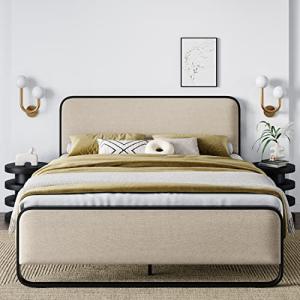 Queen Metal Bed Frame with Curved Upholstered Headboard