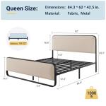 Queen Metal Bed Frame with Curved Upholstered Headboard