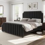 Velvet King Size Platform Bed Frame with Headboard
