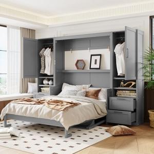 Queen Murphy Bed with Desk and Storage - Gray